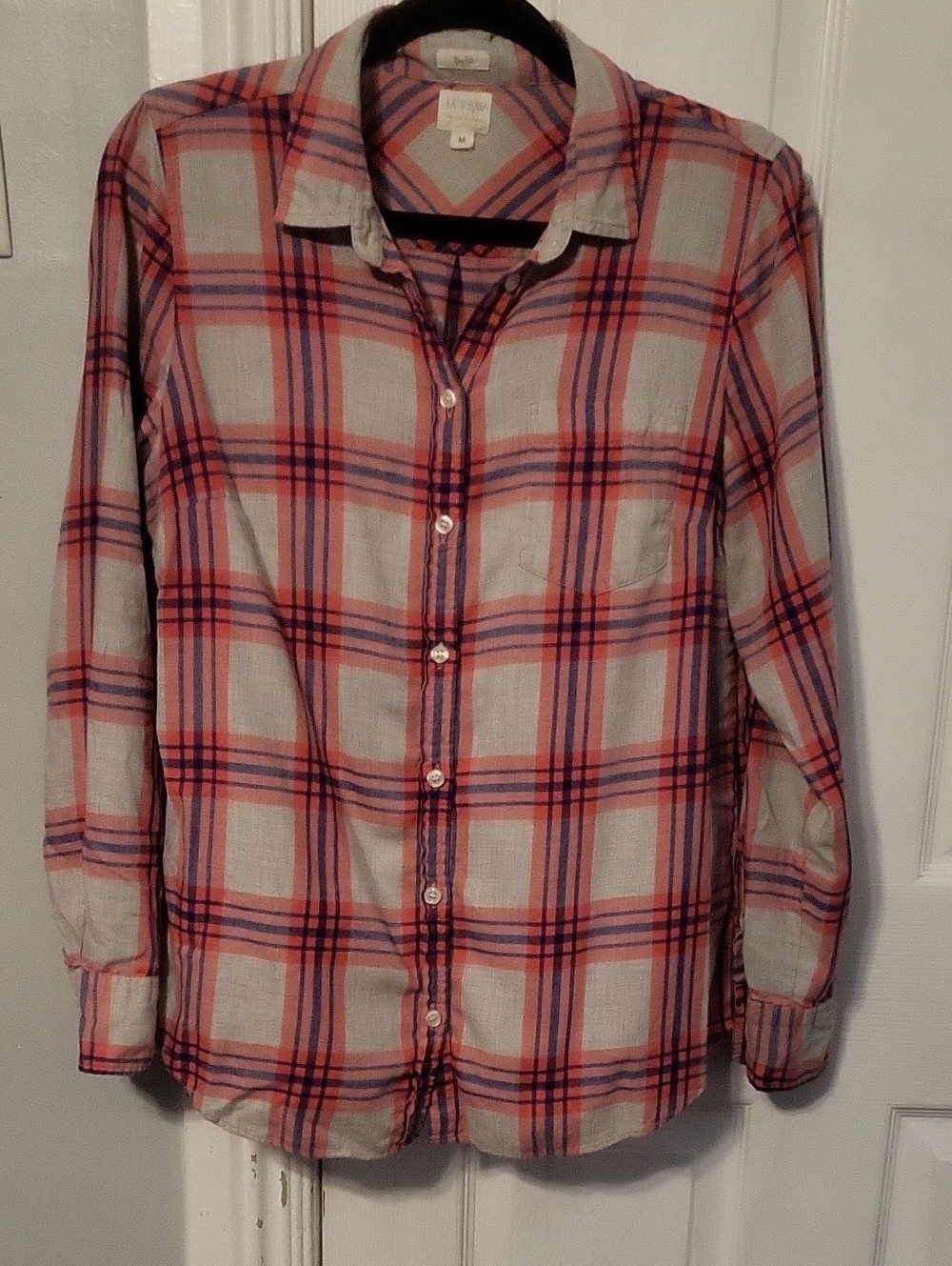 J. Crew Coral & Navy Plaid Boyfit Shirt